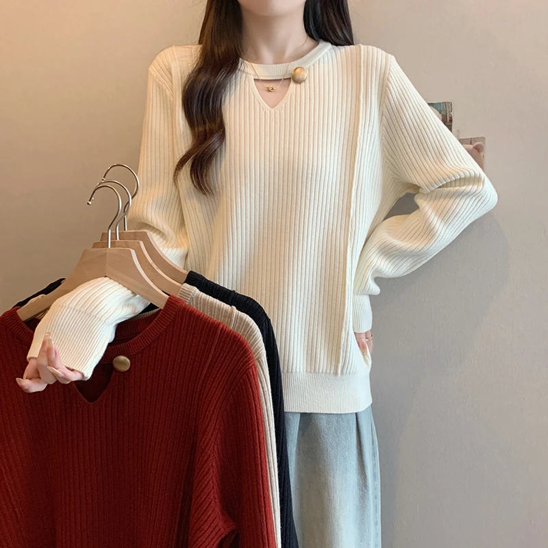 大码鱼骨镂空圆领长袖针织打底衫女春秋季胖妹妹毛衣宽松遮肚上衣