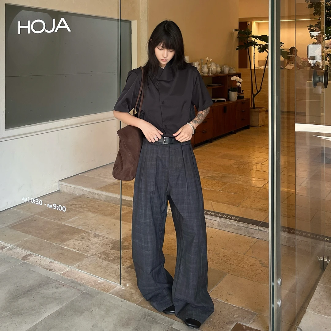 TZ killer Pleats Lattice TR西裤 褶皱复古格子阔腿垂感休闲长裤