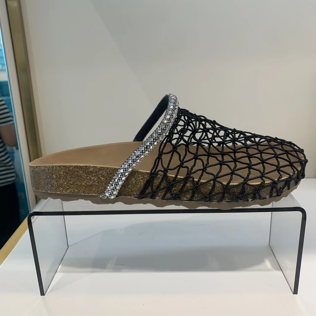 52060绝美水钻一字带编织镂空包头女士夏季渔网拖鞋
