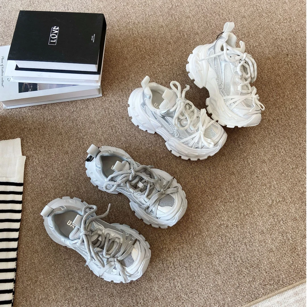 真皮绑带厚底女新款百搭网面透气鞋子小个子增高休闲夏天运动鞋