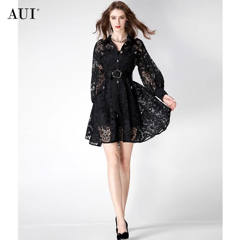 【Nanaco专属】AUI御姐设计感蕾丝连衣裙气质显瘦小黑裙-24W014847