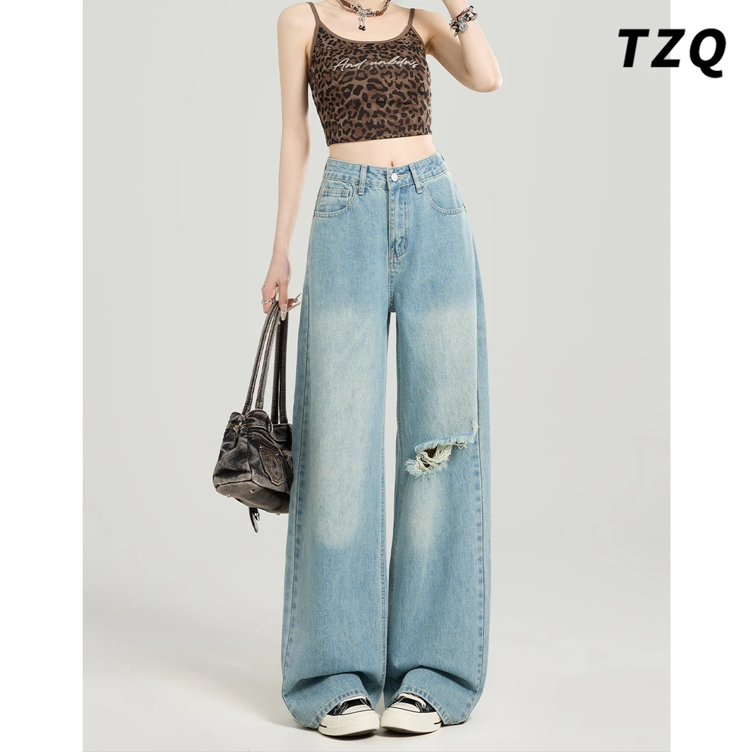 浅色破洞阔腿牛仔裤女爆款2025新款夏季高腰显瘦直筒裤TZQ2532112