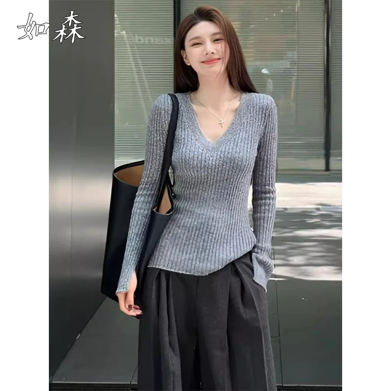不规则灰色v领长袖针织衫女2025新款早秋修身慵懒风休闲时髦上衣