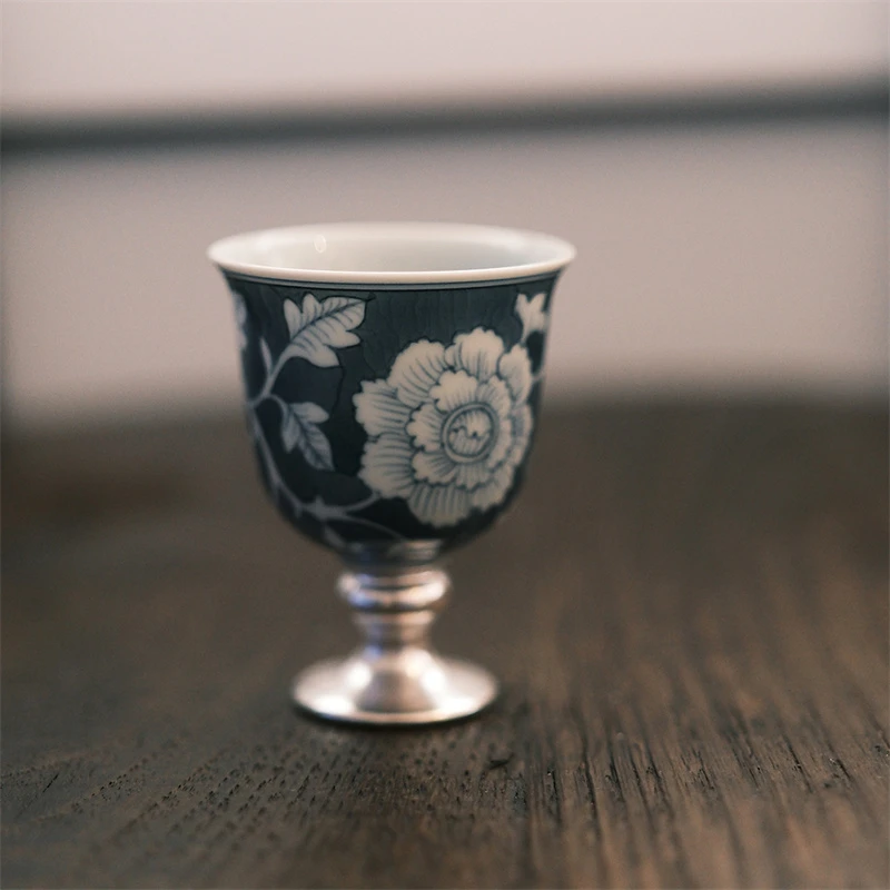 YYSF8125[学茶严选]青花牡丹高足杯茶杯茶器