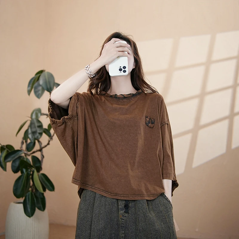 沐光·圆领高街风蝙蝠袖常规款中袖T恤复古显瘦百搭韩版8031