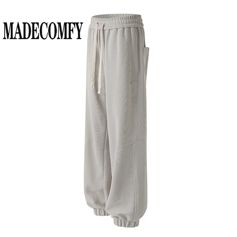 美式重磅灰色卫裤男春季新款潮牌阔腿拼接长裤宽松束脚运动休闲裤