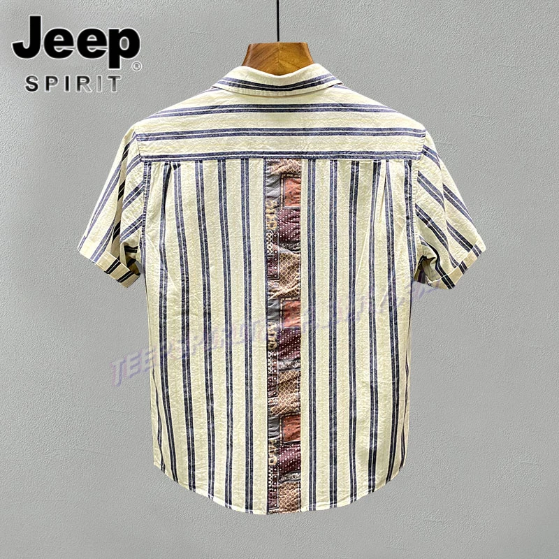 Jeep吉普日系条纹短袖衬衫男夏季印花拼接休闲寸衫青年痞帅衬衣服