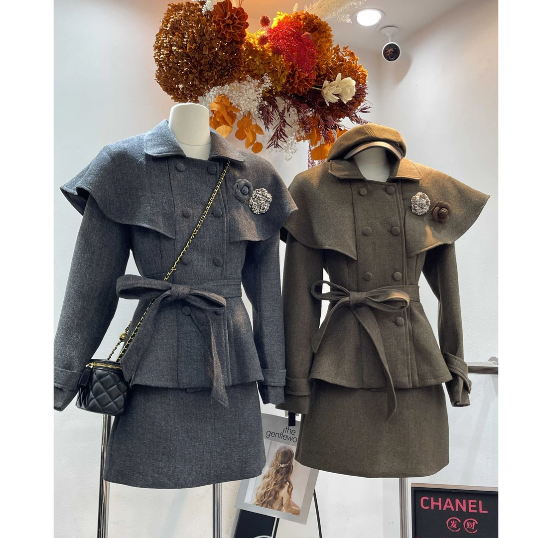 2025秋季气质千金名媛斗篷山茶花系带收腰西装外套半裙套装