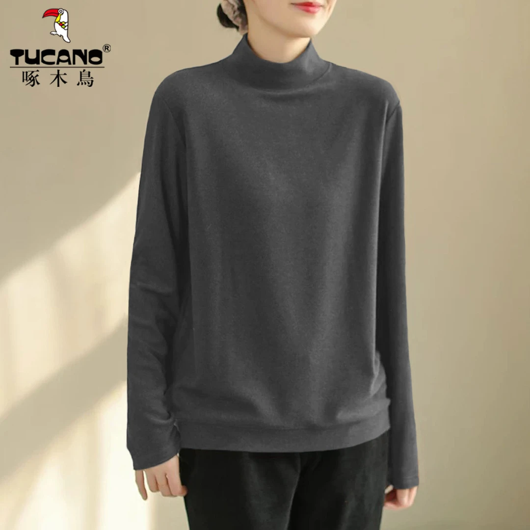 啄木鸟~双面德绒文艺宽松休闲长袖百搭保暖女t恤秋冬半高领打底衫