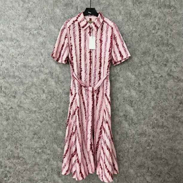 95新 BURBERRY/博柏利 粉色条纹涂鸦半袖连衣裙