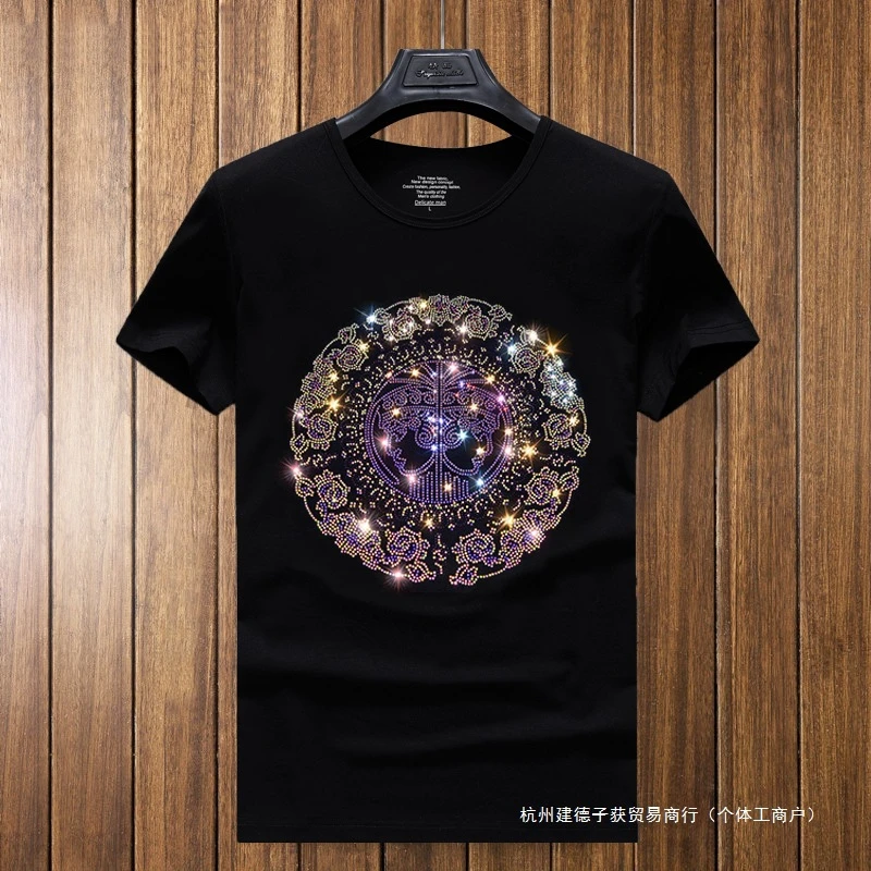 赫柏纪逸烫钻短袖t恤男精神小伙修身半袖潮流圆领欧洲站夏季男士