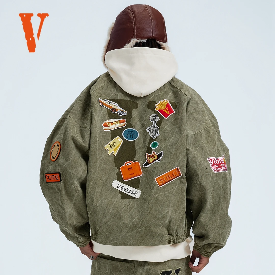 VLONE 贴纸涂鸦大LOGO系列重磅树枝纹水洗做旧宽松飞行员夹克外套