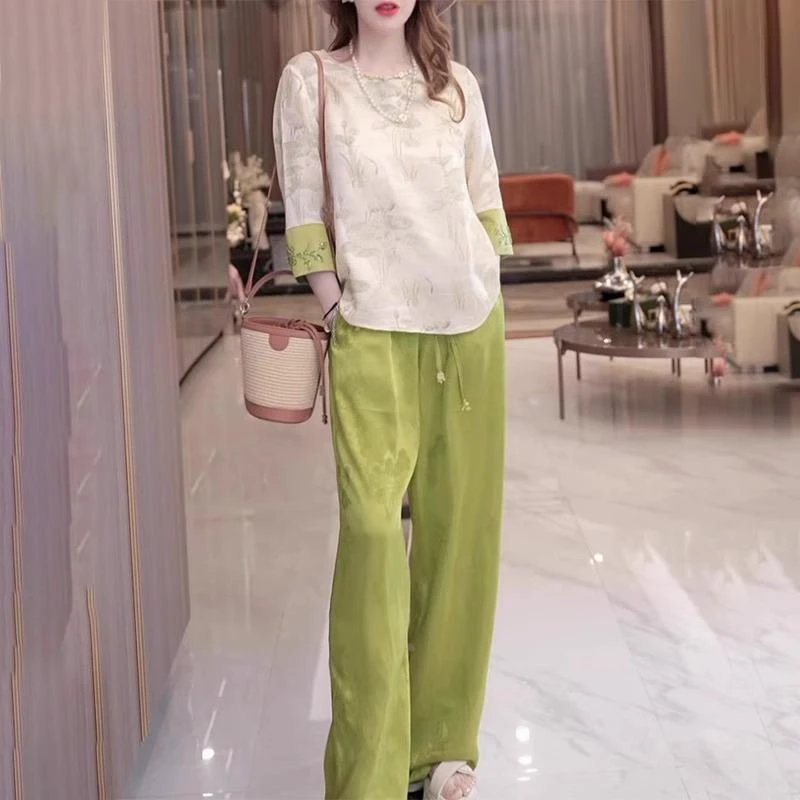 杜拉妮时尚轻国风绣花套装女夏宽松显瘦七分袖衬衫上衣休闲直筒裤