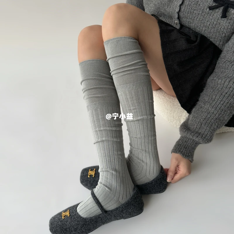 宁小益竖条纹过膝袜女春秋薄显瘦格雷系灰色护膝堆堆袜长筒靴子袜