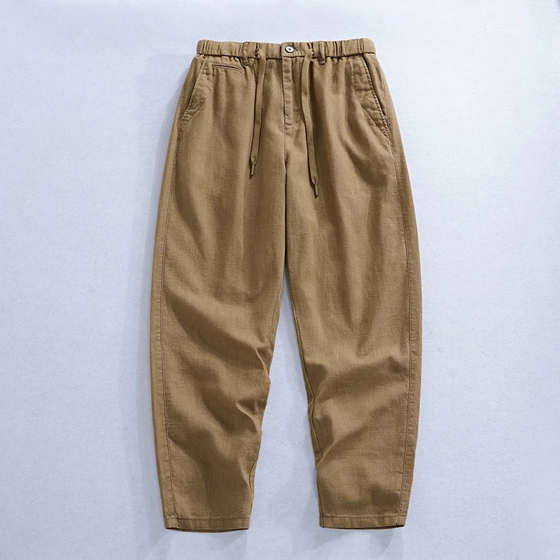 2025夏季新款棉麻裤日系复古男士简约透气薄款凉爽宽松直筒裤Z670