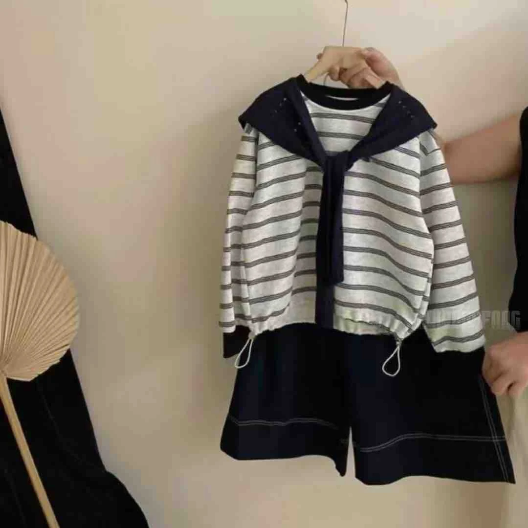 衬衫女常规条纹套头童装休闲风毛衣上衣三件套装韩版秋季