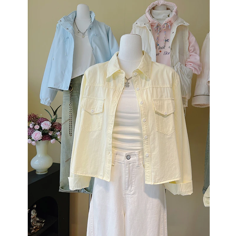 杏色衬衫女早秋季2026新款设计感小个子纯色百搭洋气时尚纯棉衬衣