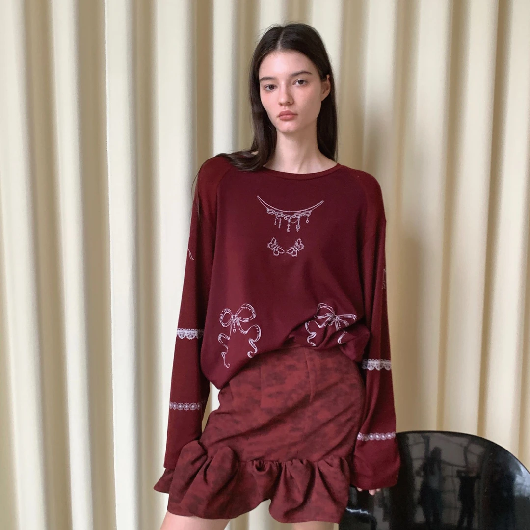 AndAnything蝴蝶结蕾丝满印重工印花长袖T恤