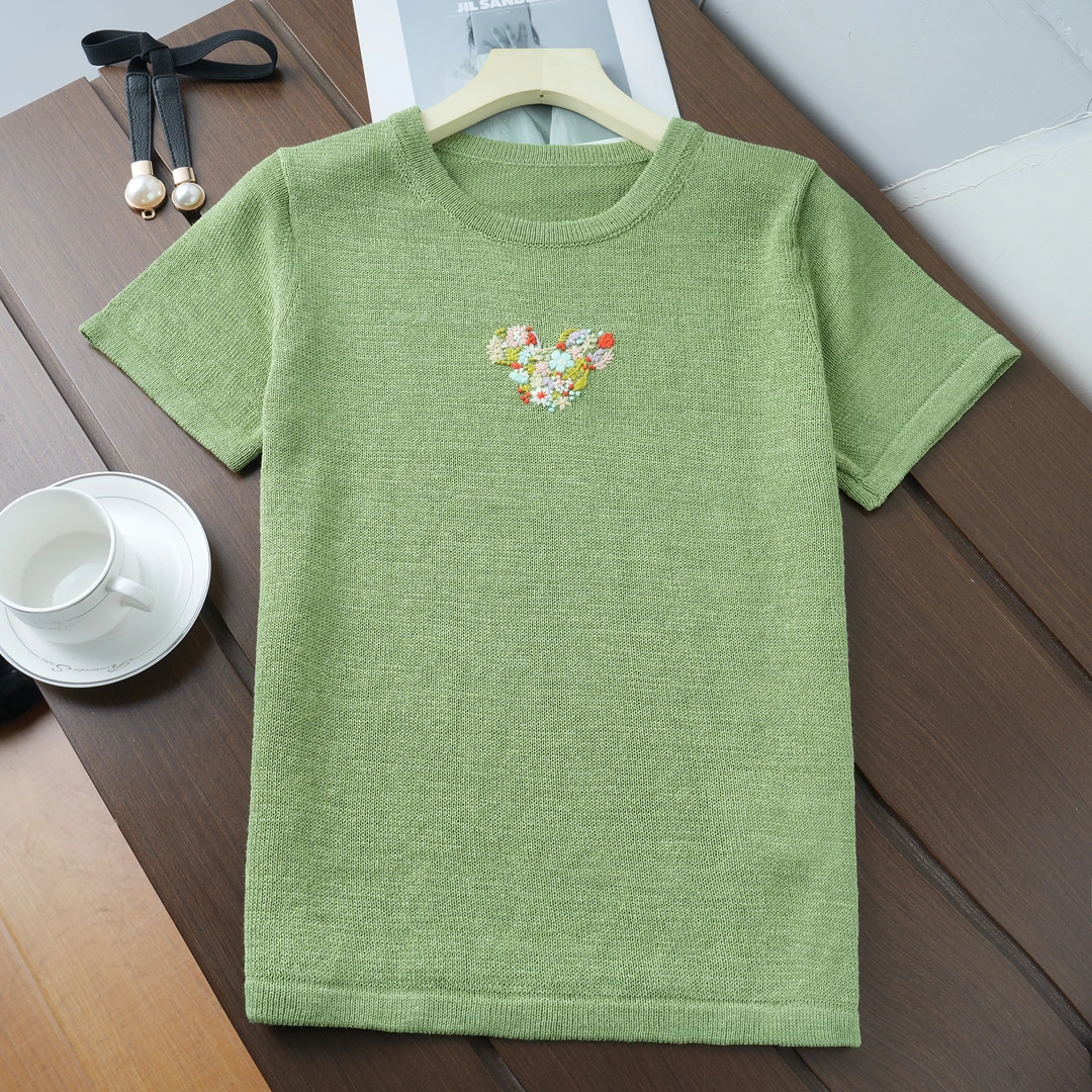 【和纸之美】进口和纸纱夏日清凉圆领手工钩花短袖针织衫 80255