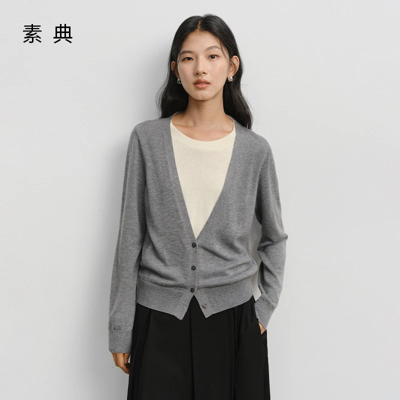 素典【极简基调】秋季百搭休闲撞色假两件叠穿时尚百搭针织开衫4851