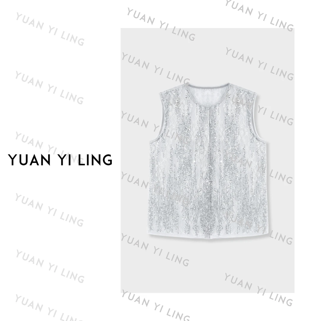 袁艺灵【月光派对】25夏季新款重工钉珠圆领蕾丝衬衫9102