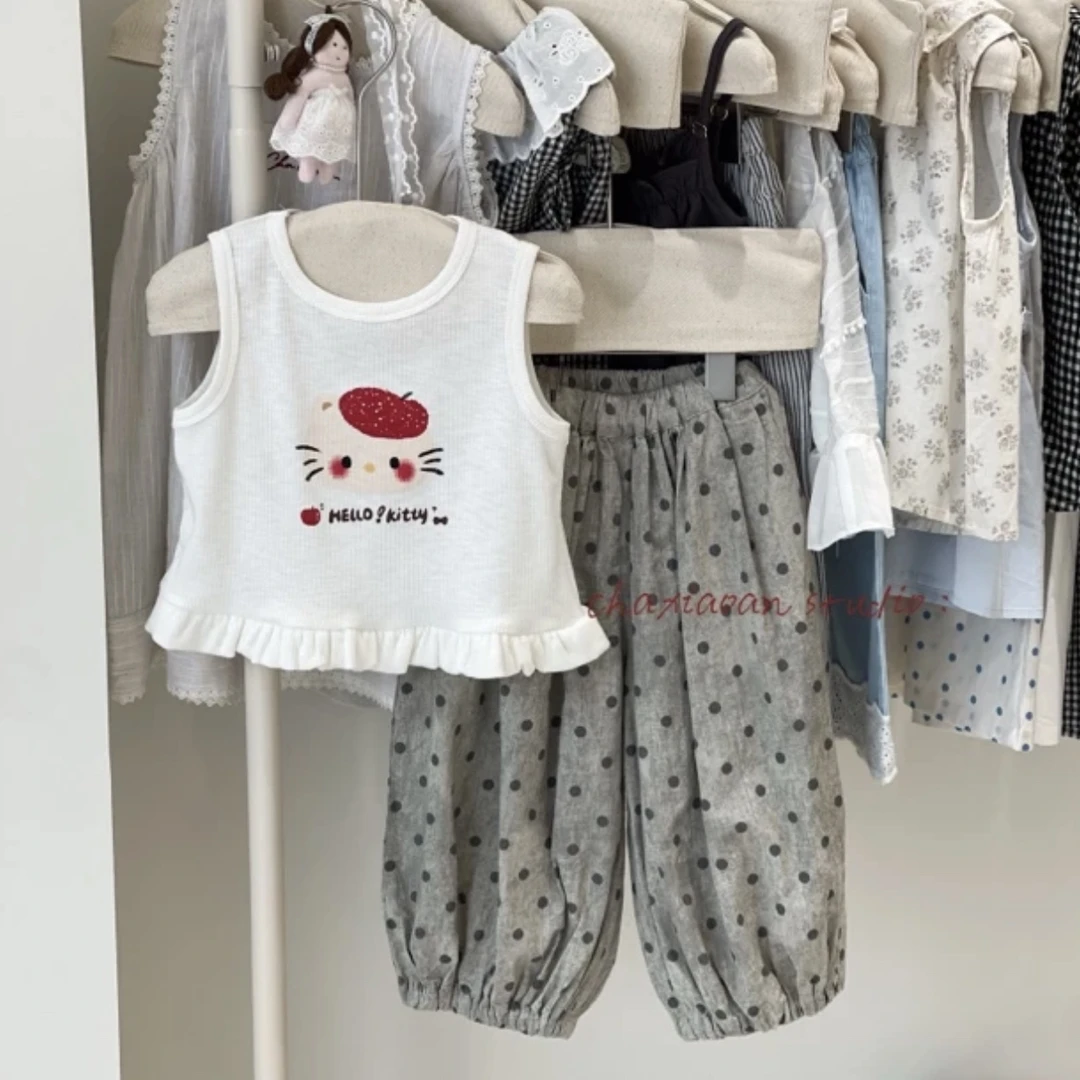 女童套装2025夏季新款洋气儿童背心印花无袖上衣韩版波点裤宝宝夏