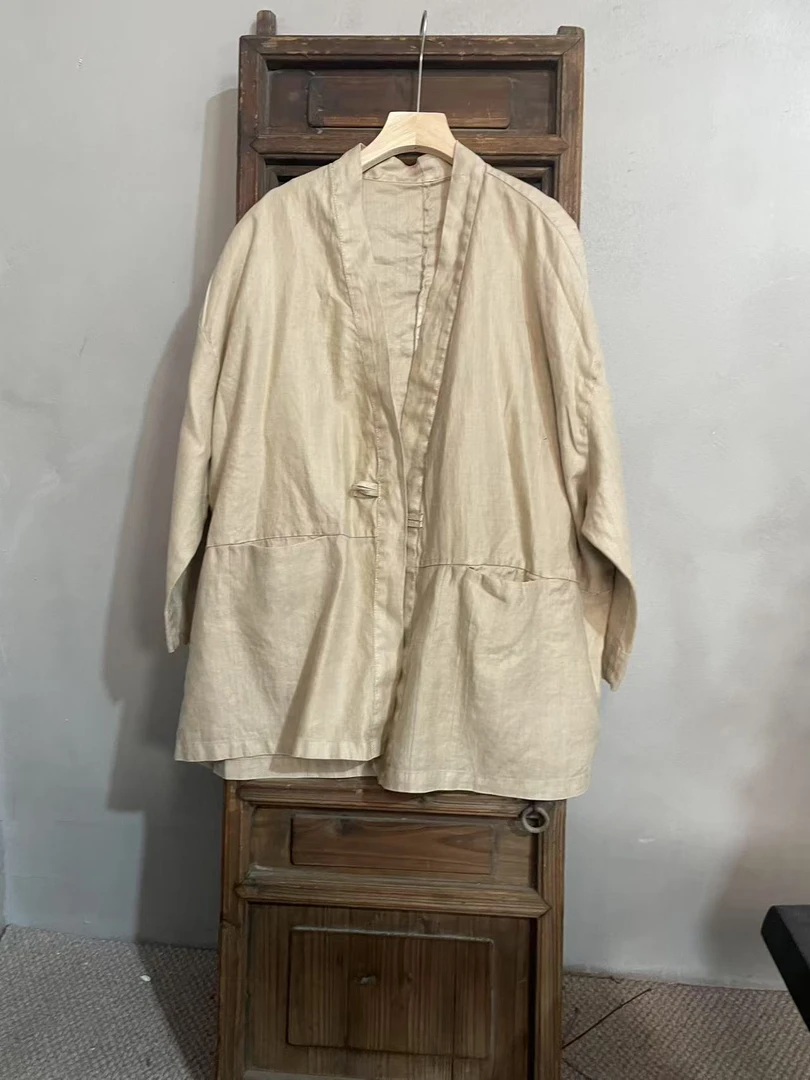 M633亚麻66公分衣长复古休闲长袖开衫宽松显瘦一粒扣上衣春秋