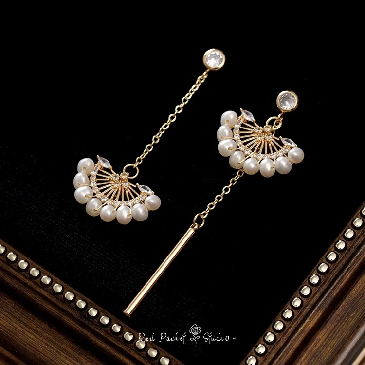 合金耳饰 轻奢珍珠手作复古扇形耳环不对称新中式扇子银针耳饰品