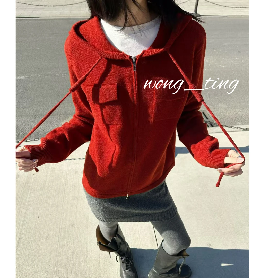 Wong_ting小众设计师韩系百搭连帽宽松针织绵羊毛开衫01014