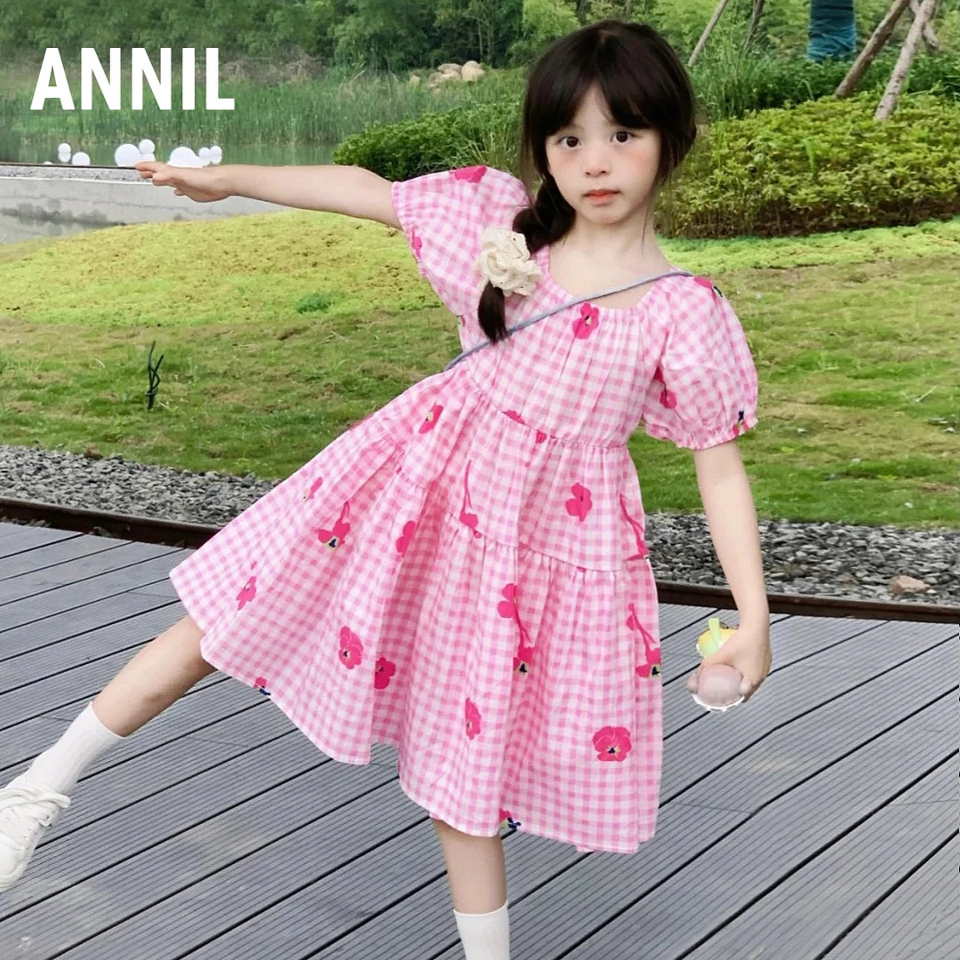 商场同款/安奈儿童装女童纯棉短袖连衣裙夏装儿童裙子宽松格子裙