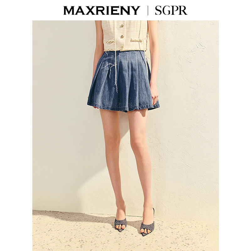 【商场同款】MAXRIENY精致日常感浅蓝牛仔短裙女收腰压褶半身裙夏