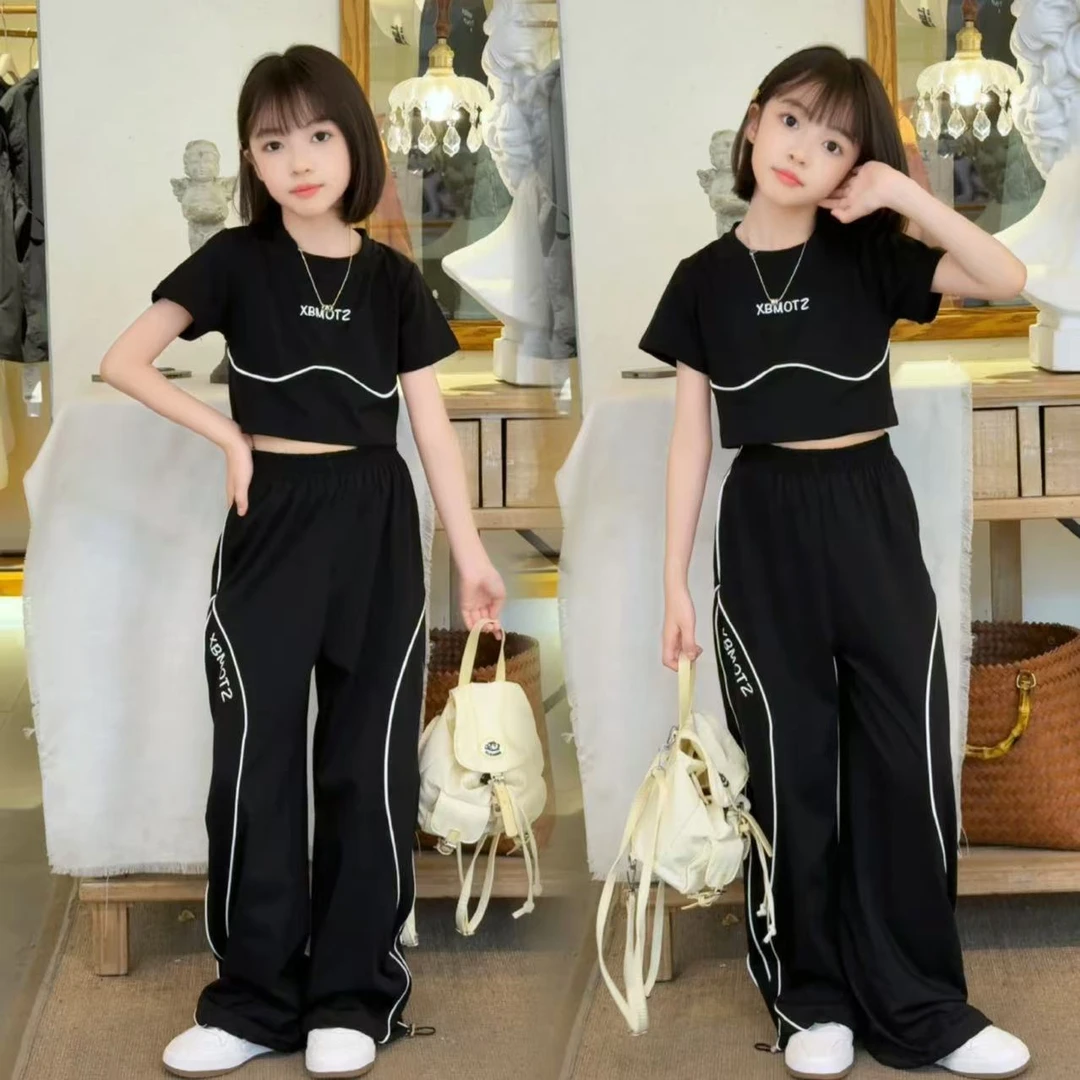 中大童套头高腰女女童夏装夏季纯色休闲薄款套装阔腿