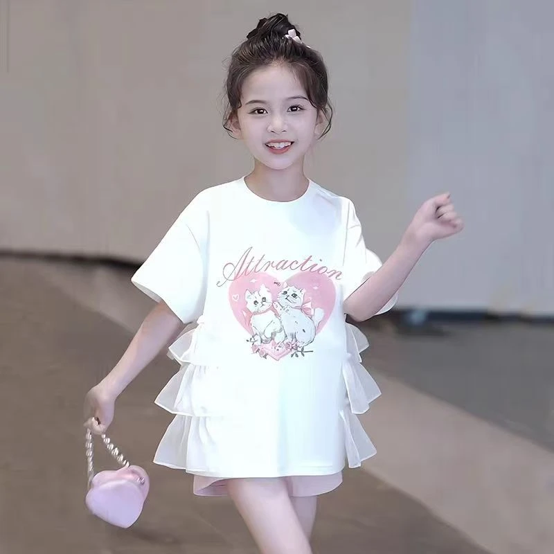 女童短袖夏季新款卡通猫咪印花儿童恤爆款洋气公主风中大童T恤裙
