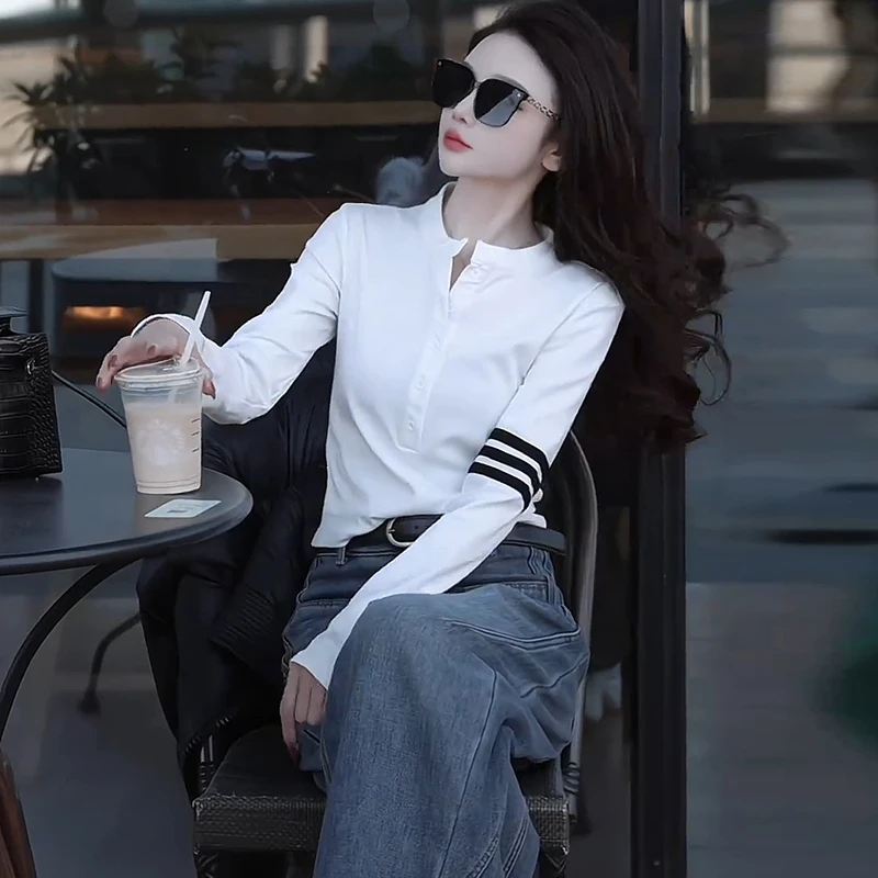 时尚立领加厚T恤女2025秋冬季新款长袖修身打底衫洋气打底上衣