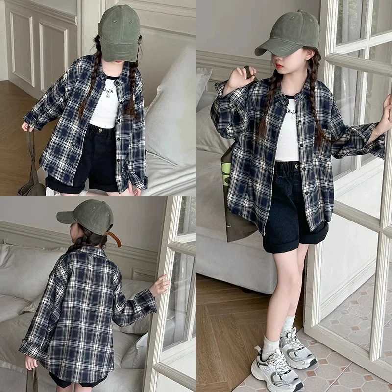 女童衬衫长袖秋季2025新款儿童上衣女孩大童早秋洋气格子衬衣外套