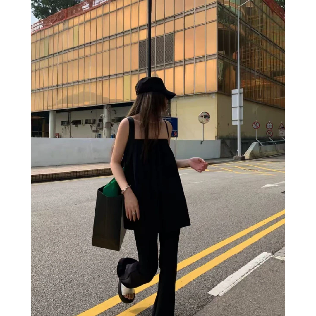 溪溪靓衫 纸片人吊带女中长款小衫宽松中长款一字肩上衣裙+裤子女