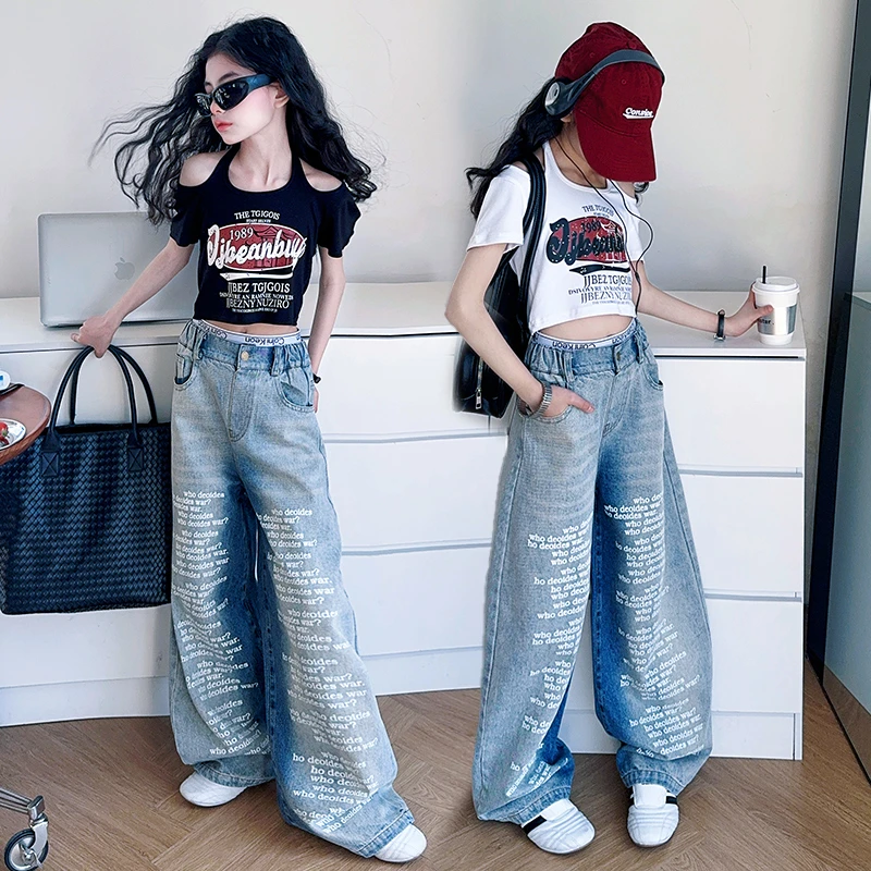 女童牛仔裤套装夏季2025新款中大童韩版洋气直筒裤休闲字母阔腿裤