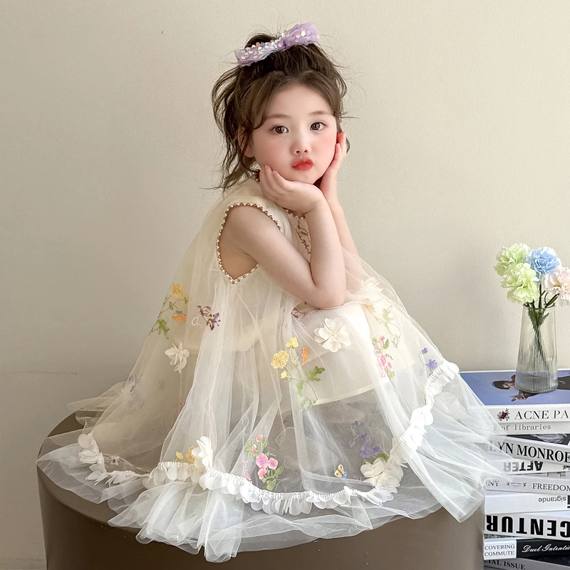 女童连衣裙夏季2025新款小女孩网纱背心裙洋气宝宝甜美碎花公主裙