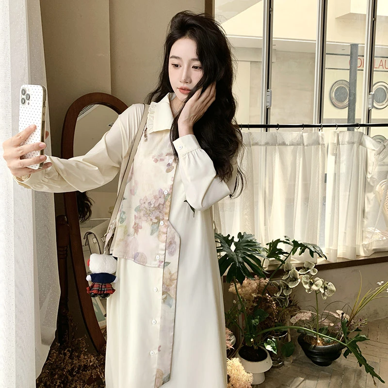 新中式国风印花拼接连衣裙女2025春秋新款别致气质收腰翻领衬衫裙