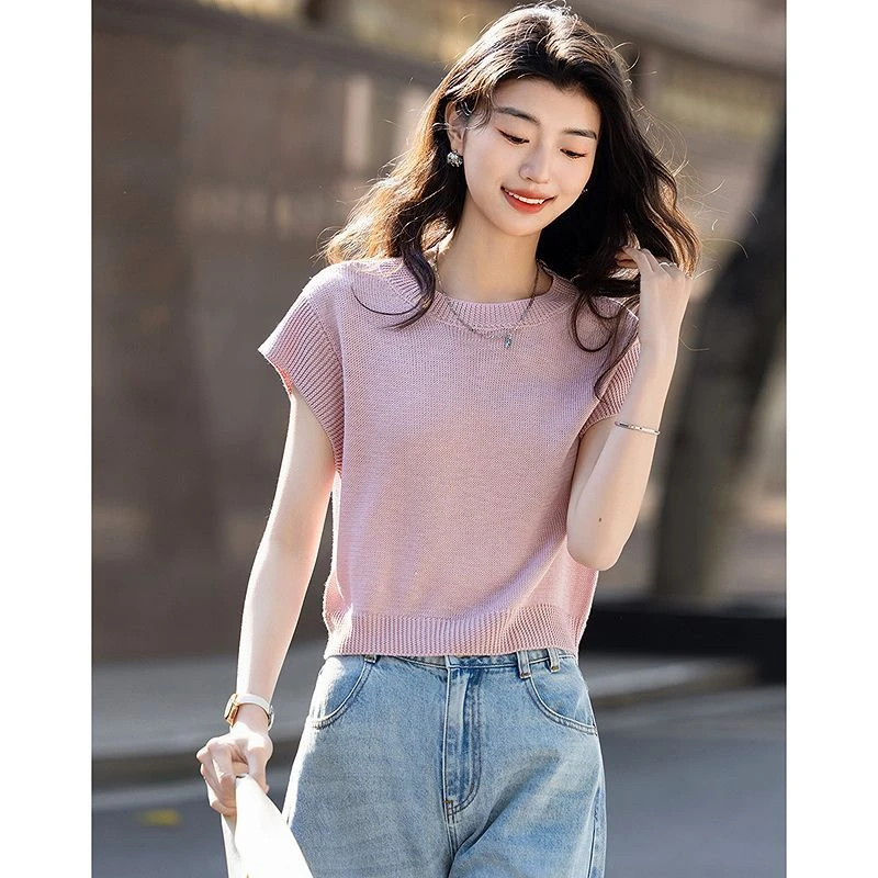 韩系温柔粉色冰丝正肩针织短袖t恤女夏季高级感薄款小飞袖短上衣