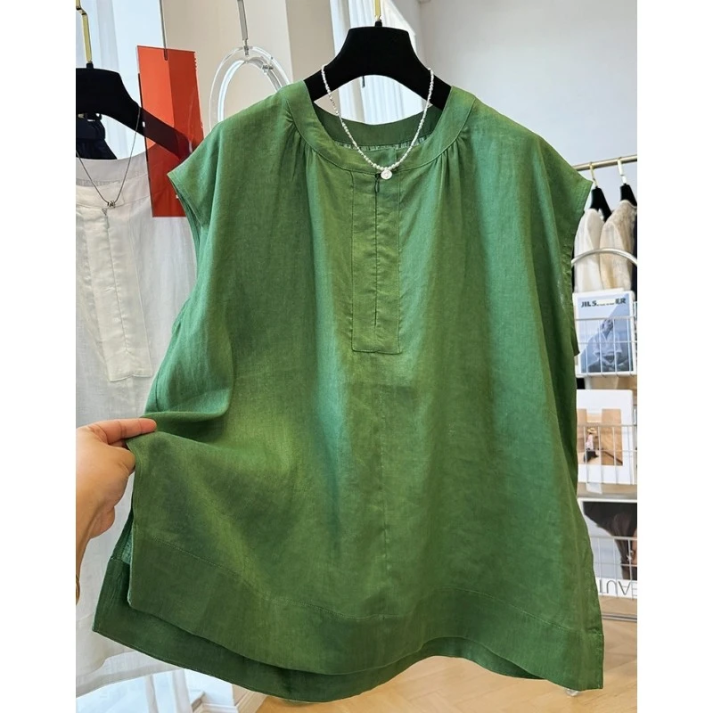 01060亚麻圆领无袖衬衫女夏季宽松休闲巨好看的上衣气质小衫薄款