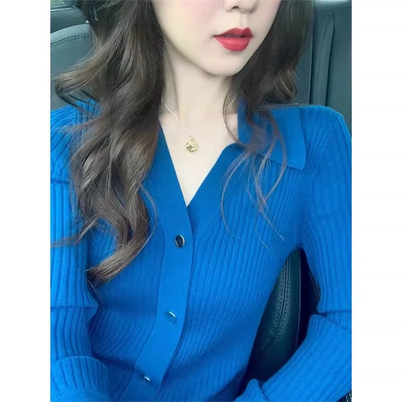 克莱因蓝超显白V领针织开衫女秋季新款洋气时尚修身显瘦打底毛衣