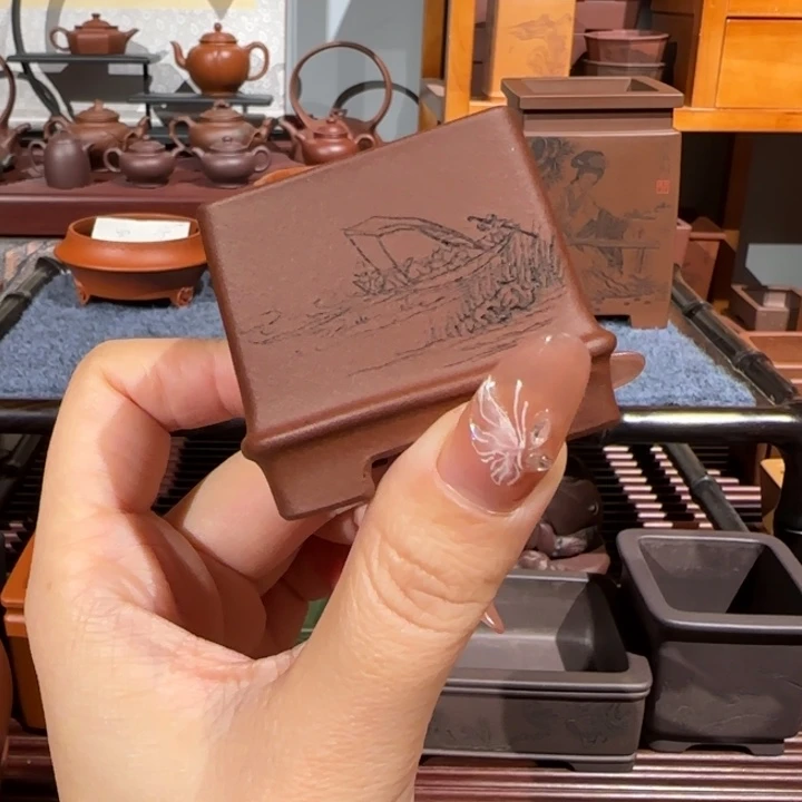 紫砂花盆全手工刻绘