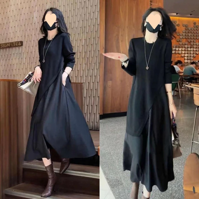 哥弟阿玛施正品高级感拼接假两件连衣裙女2025春秋新款时尚韩版大