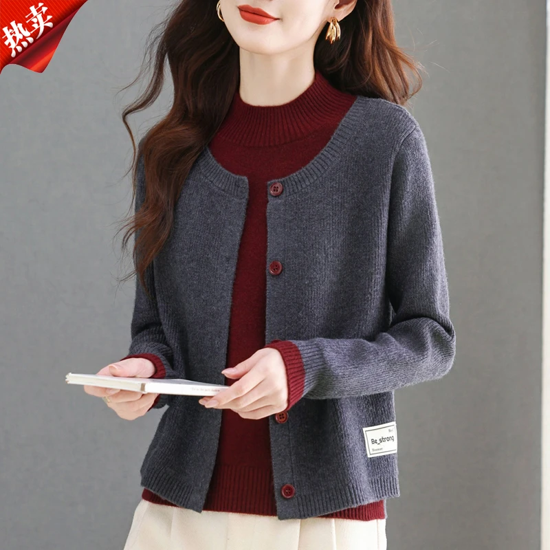 【原版正品】羊毛衫女秋冬新款半高领假两件上衣洋气拼色毛衣打底衫