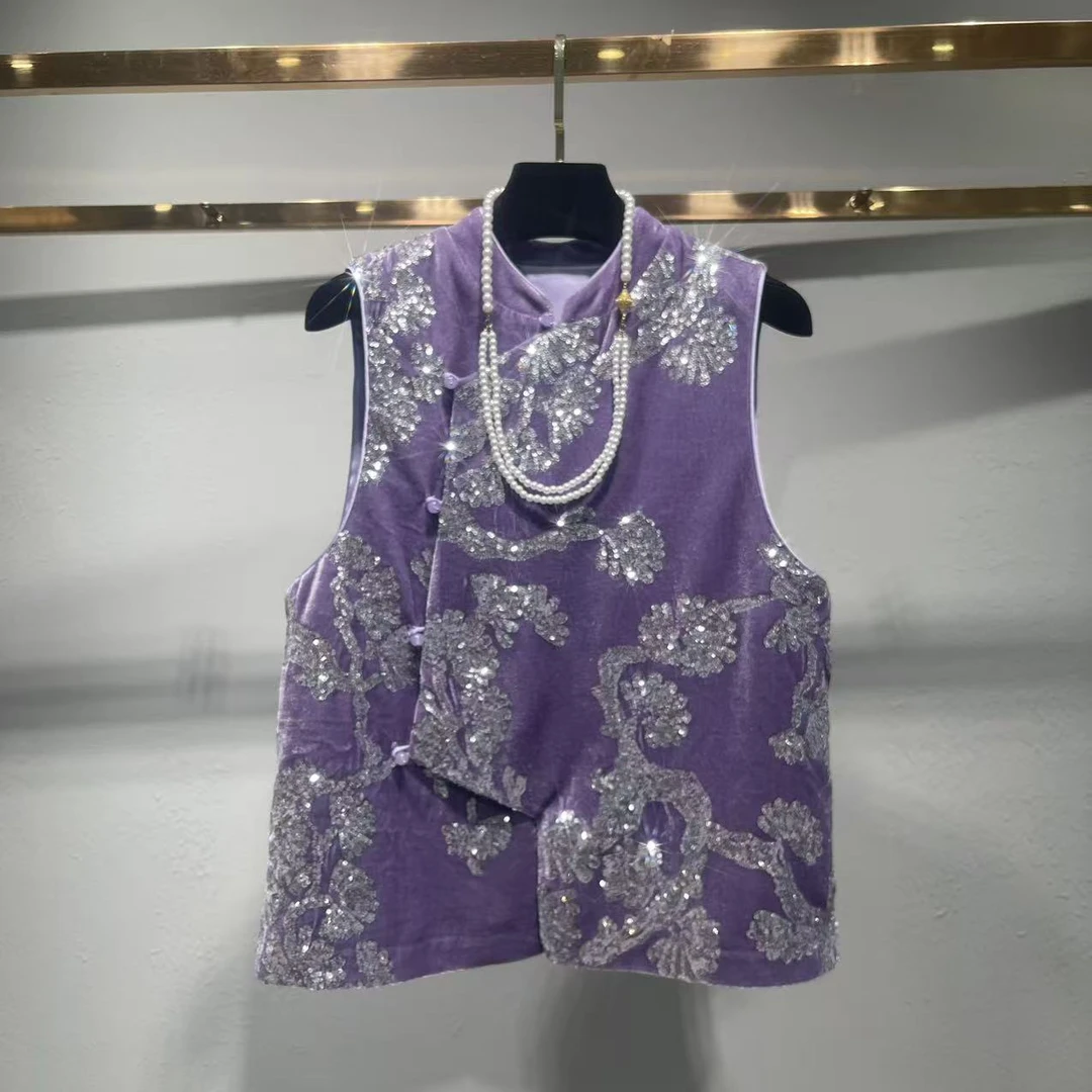 2026新款马甲复古双面马夹中国风钉珠亮片提花