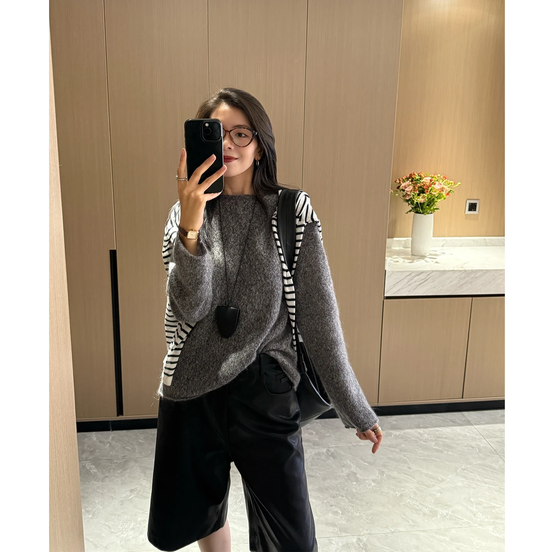 羊毛+马海毛慵懒保暖圆领长袖毛衣女休闲宽松百搭外穿针织衫上衣