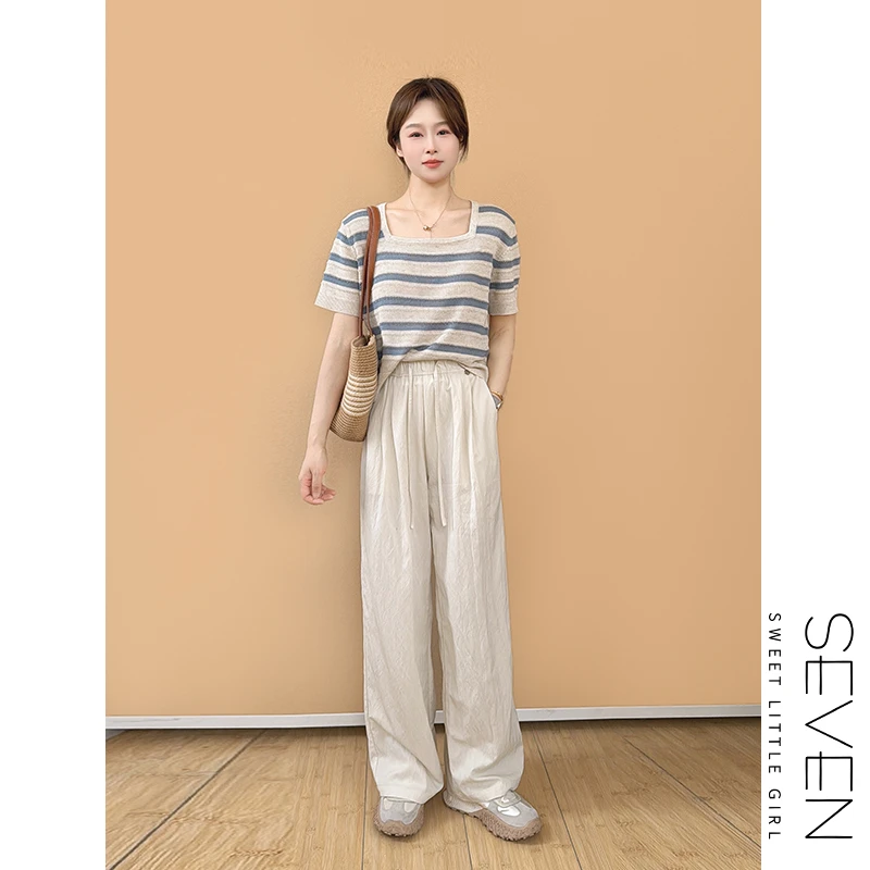 冰凉条纹衫③七七146小个子亚麻天丝薄款方领针织条纹短袖女小美说