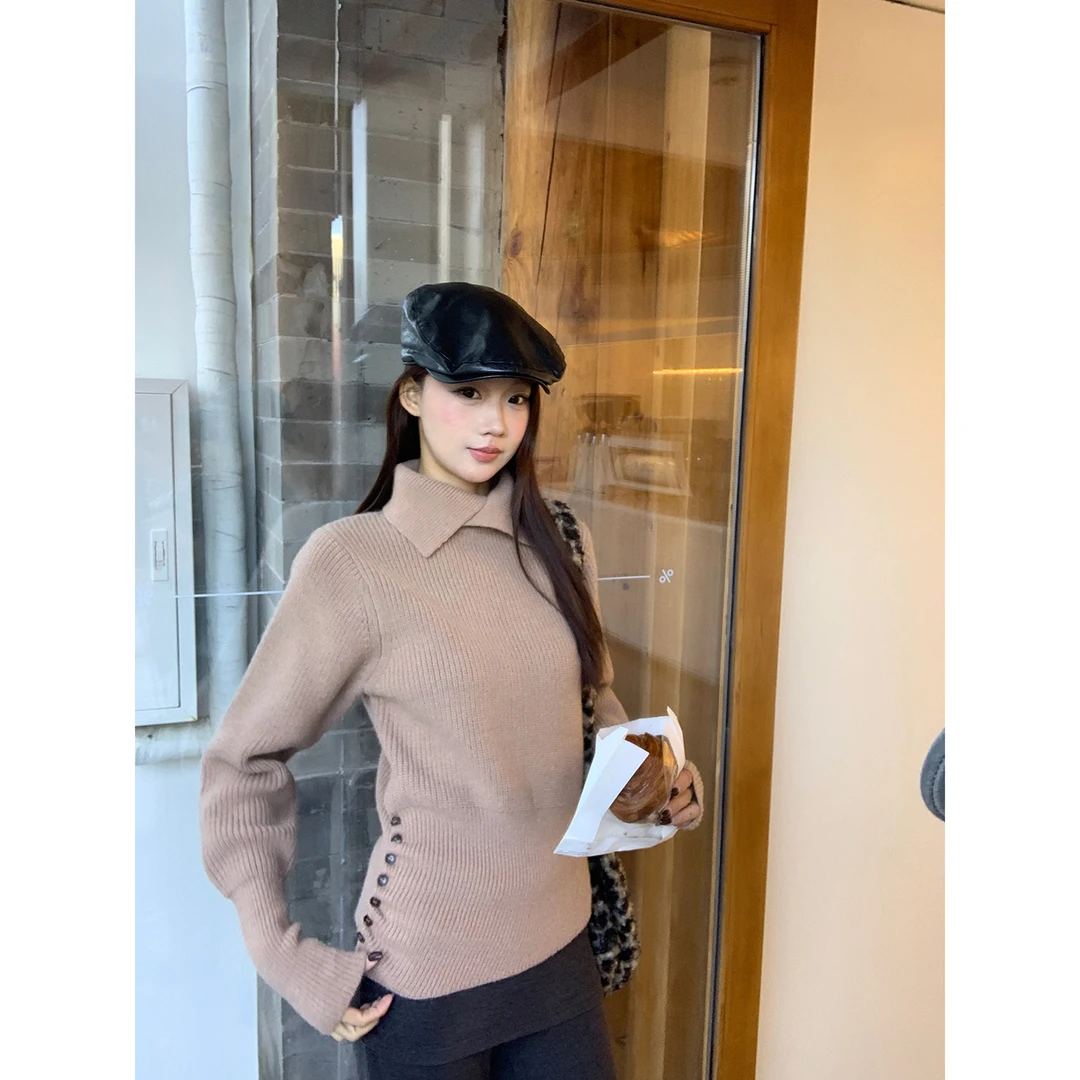 【流心挞】冬季设计感小众时尚翻领休闲收腰百搭毛衣6007