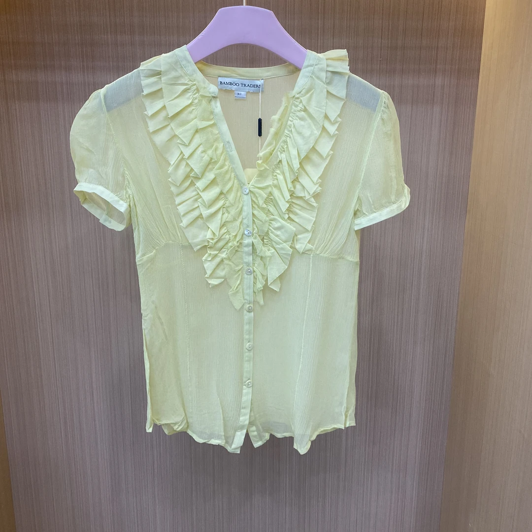 【LJWM】桑蚕丝乔琪纱木耳边短袖上衣 C1028